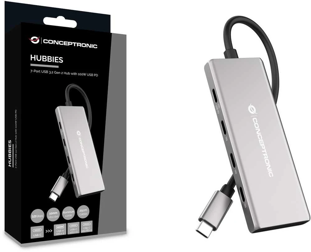 Carruzzo Conceptronic HUBBIES17G sąsajos šakotuvas USB 3.2 Gen 2 (3.1 Gen 2) Type-C 10000 Mbit/ai Pilka