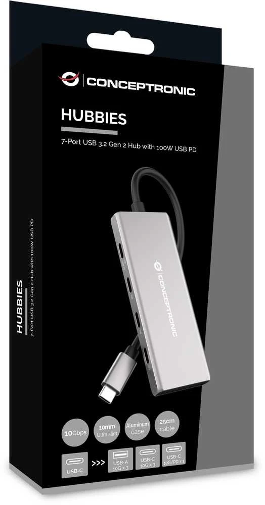 Carruzzo Conceptronic HUBBIES17G sąsajos šakotuvas USB 3.2 Gen 2 (3.1 Gen 2) Type-C 10000 Mbit/ai Pilka