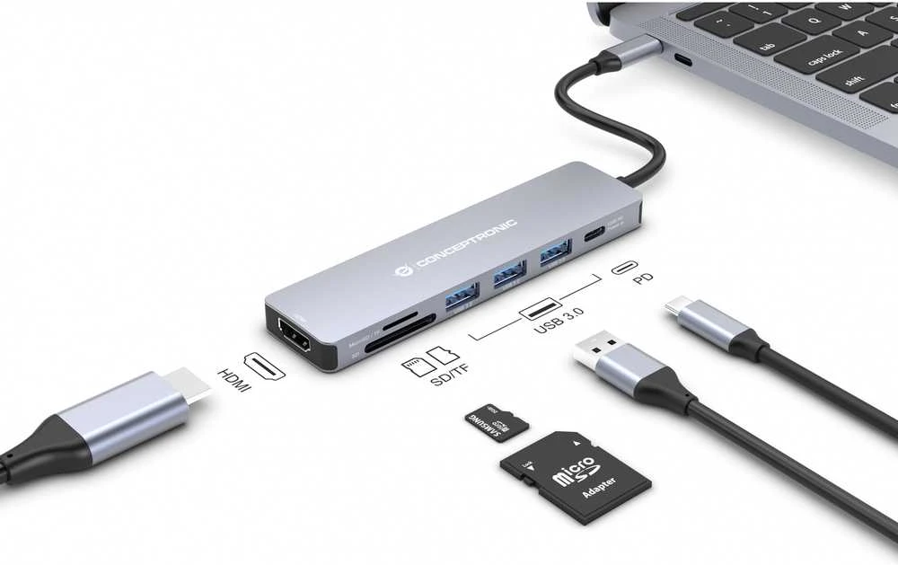 Carruzzo Conceptronic DONN19G knyginių kompiuterių dokas / jungčių replikatorius Vielinis USB 3.2 Gen 1 (3.1 Gen 1) Type-C Pilka