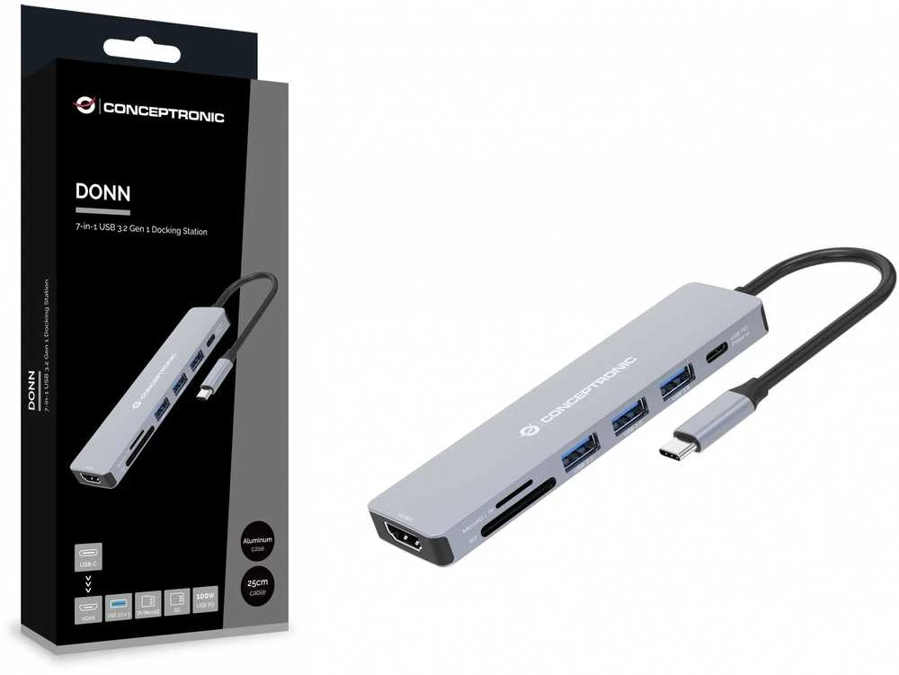 Carruzzo Conceptronic DONN19G knyginių kompiuterių dokas / jungčių replikatorius Vielinis USB 3.2 Gen 1 (3.1 Gen 1) Type-C Pilka