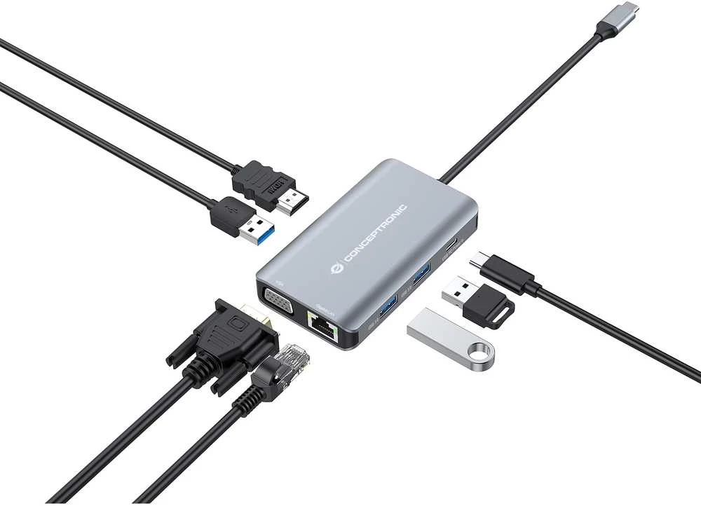 Carruzzo Conceptronic DONN21G knyginių kompiuterių dokas / jungčių replikatorius Vielinis USB 3.2 Gen 1 (3.1 Gen 1) Type-C Pilka