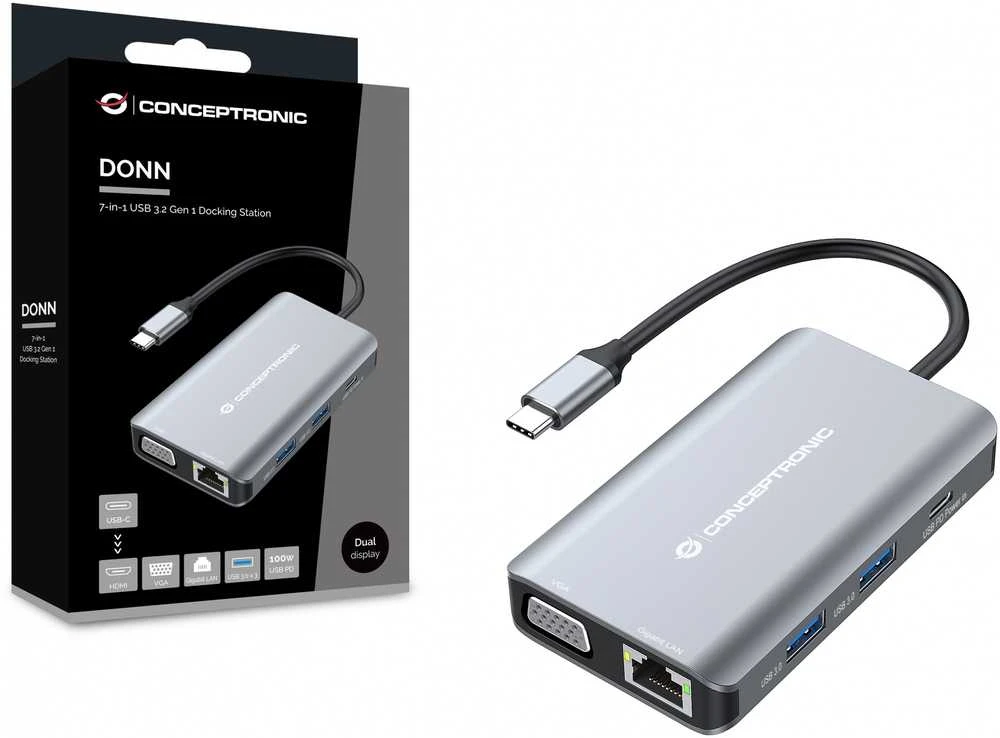 Carruzzo Conceptronic DONN21G knyginių kompiuterių dokas / jungčių replikatorius Vielinis USB 3.2 Gen 1 (3.1 Gen 1) Type-C Pilka