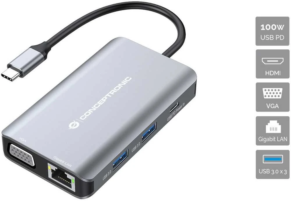 Conceptronic USB-C daugiafunkcis adapteris su jungčių piktogramomis