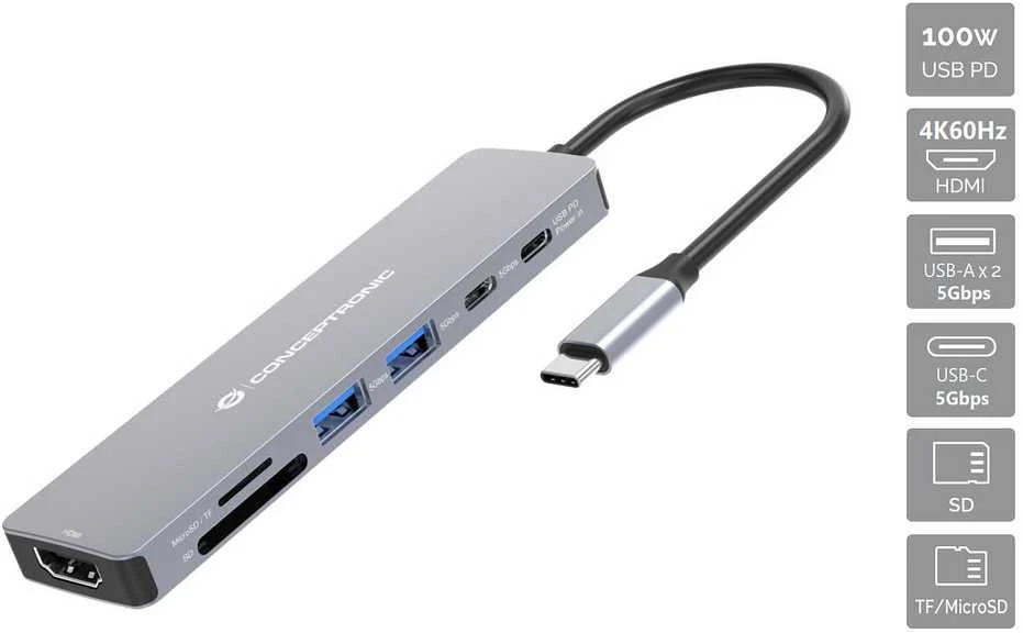 Šakotuvas „Carruzzo Conceptronic DONN28G“ vielinis USB 3.2 Gen 1 (3.1 Gen 1) Type-C pilkas