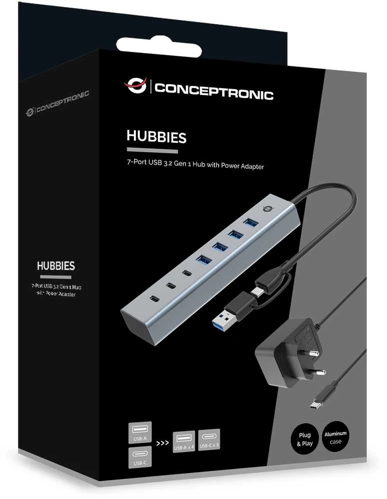 Carruzzo Conceptronic HUBBIES20GP sąsajos šakotuvas USB 3.2 Gen 1 (3.1 Gen 1) Type-C 5000 Mbit/ai Pilka