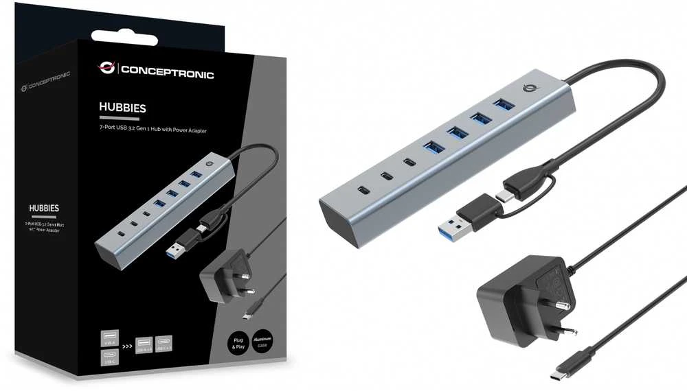 Carruzzo Conceptronic HUBBIES20GP sąsajos šakotuvas USB 3.2 Gen 1 (3.1 Gen 1) Type-C 5000 Mbit/ai Pilka