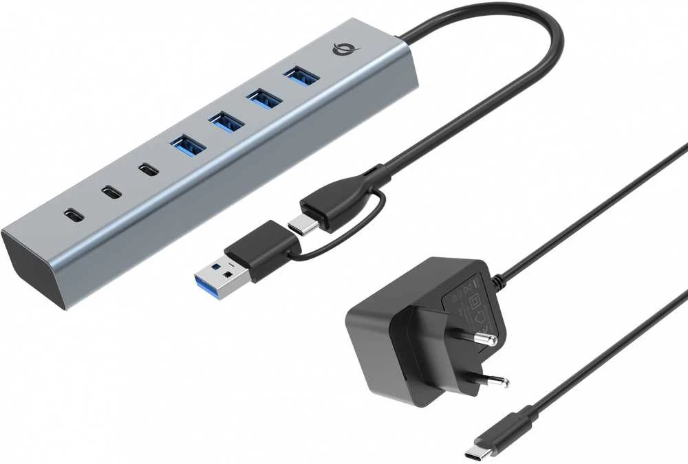USB šakotuvas su Type-C ir USB-A jungtimis bei maitinimo bloku