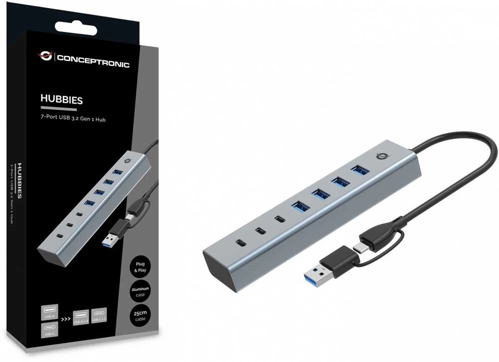 „Conceptronic“ „Conceptronic HUBBIES20G“ koncentrinis šakotuvas, USB 3.2 Gen 1 (3.1 Gen 1) Type-C, 5000 Mbit/s, pilkas