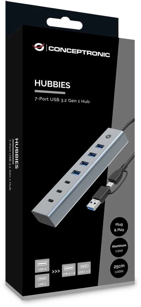 „Conceptronic“ „Conceptronic HUBBIES20G“ koncentrinis šakotuvas, USB 3.2 Gen 1 (3.1 Gen 1) Type-C, 5000 Mbit/s, pilkas