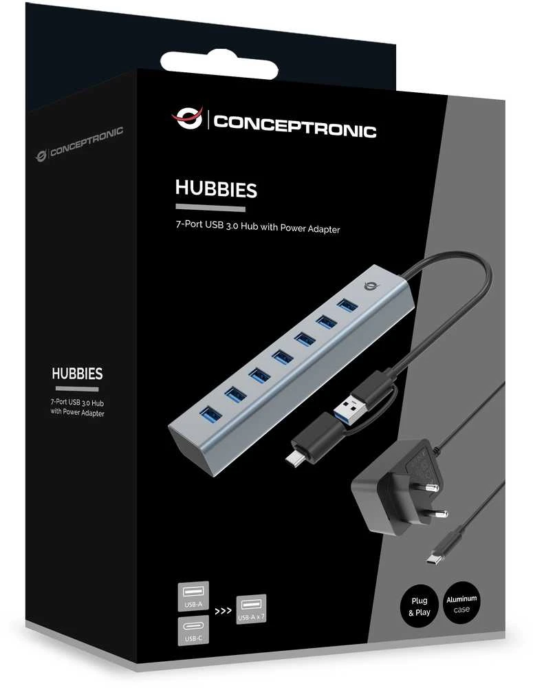 Carruzzo Conceptronic HUBBIES21GP sąsajos šakotuvas USB 3.2 Gen 1 (3.1 Gen 1) Type-A 5000 Mbit/ai Pilka