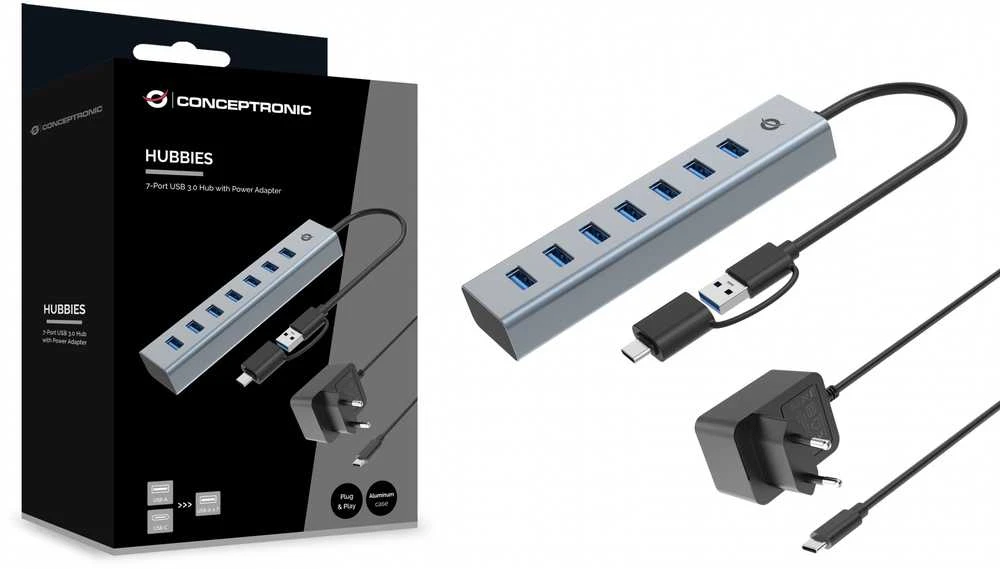 Carruzzo Conceptronic HUBBIES21GP sąsajos šakotuvas USB 3.2 Gen 1 (3.1 Gen 1) Type-A 5000 Mbit/ai Pilka