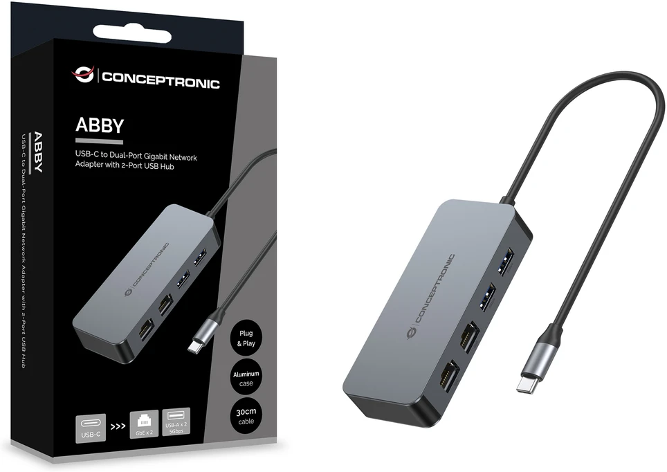 Karta jungiama į tinklą Conceptronic CONCEPTRONIC Adapteris USB-C->2xGbE+2xUSB-A3.2 5Gbs 0.30m gr
