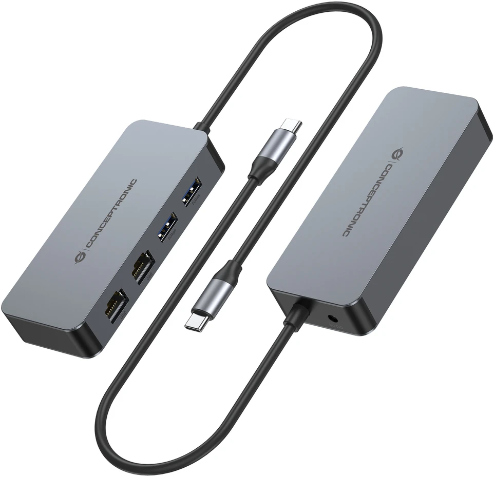 Karta jungiama į tinklą Conceptronic CONCEPTRONIC Adapteris USB-C->2xGbE+2xUSB-A3.2 5Gbs 0.30m gr