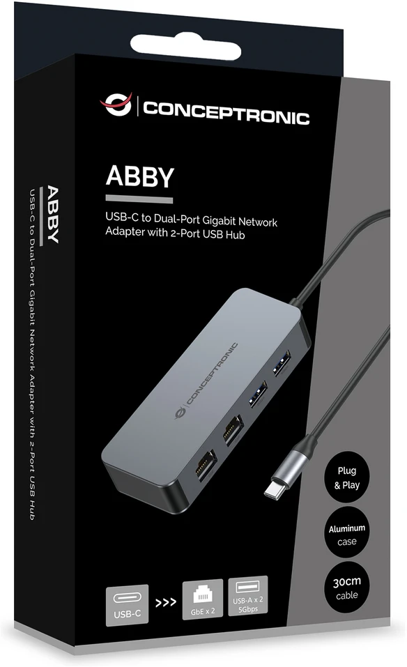 Karta jungiama į tinklą Conceptronic CONCEPTRONIC Adapteris USB-C->2xGbE+2xUSB-A3.2 5Gbs 0.30m gr