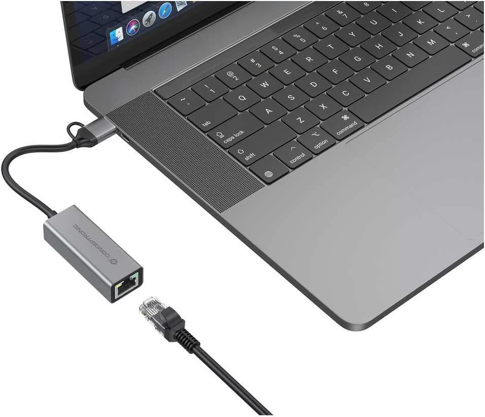 Conceptronic USB-C į RJ-45 adapteris prijungtas prie kompiuterio