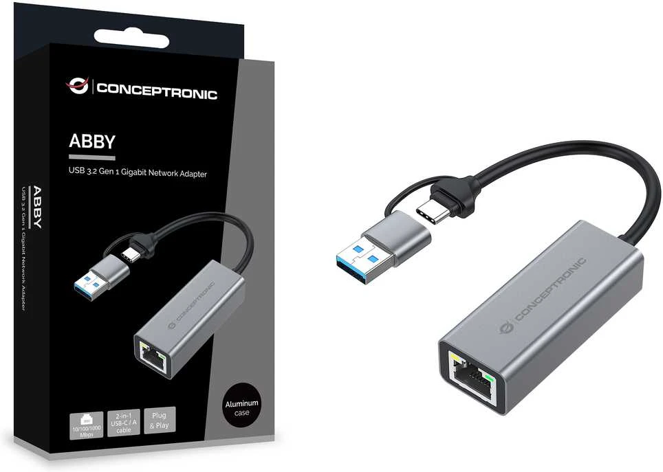 Adapteris USB Conceptronic USB-C - RJ-45 pilka (ABBY08G)
