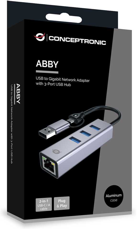 HUB USB Conceptronic CONCEPTRONIC Adapteris USB-C/-A3.0->GbE+3x-A3.0 5Gbs gr