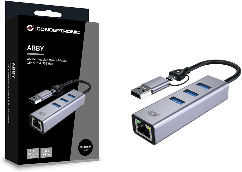 HUB USB Conceptronic CONCEPTRONIC Adapteris USB-C/-A3.0->GbE+3x-A3.0 5Gbs gr