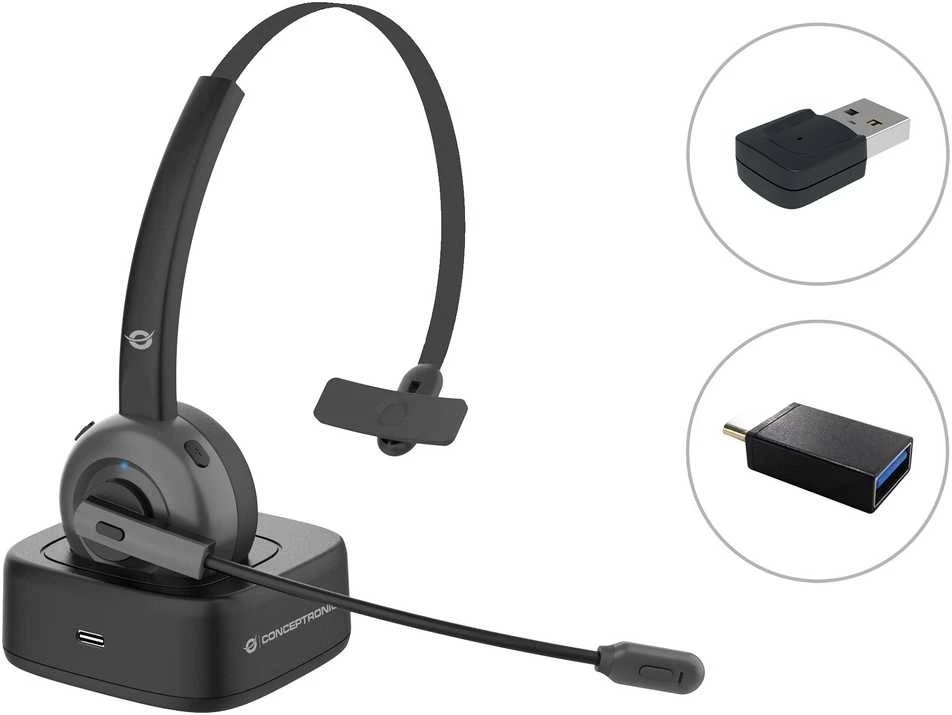 Carruzzo Conceptronic POLONA03BDA Ausinės be mikrofono ir ausinės su mikrofonu Bevielis Su lankeliu Biuras / skambučių centras Bluetooth Įkrovimo stovas Juoda