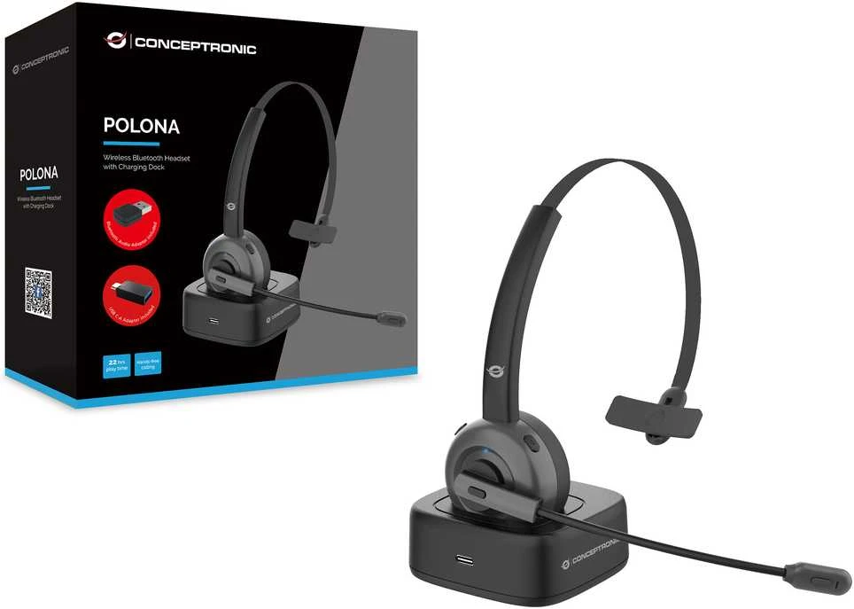 Carruzzo Conceptronic POLONA03BDA Ausinės be mikrofono ir ausinės su mikrofonu Bevielis Su lankeliu Biuras / skambučių centras Bluetooth Įkrovimo stovas Juoda