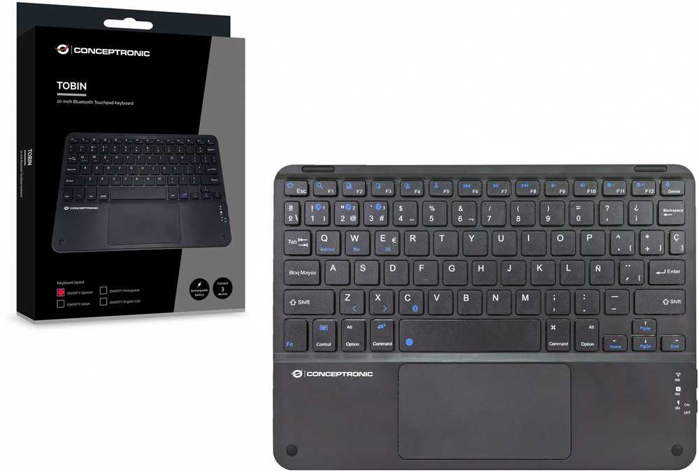 Klaviatūra Conceptronic Wireless BT5.4 10'' Układ Hiszpański Juodas (TOBIN01BES)