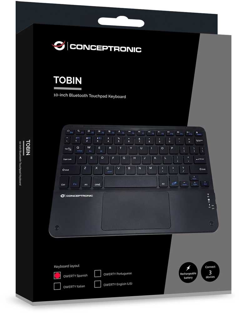 Klaviatūra Conceptronic Wireless BT5.4 10'' Układ Hiszpański Juodas (TOBIN01BES)