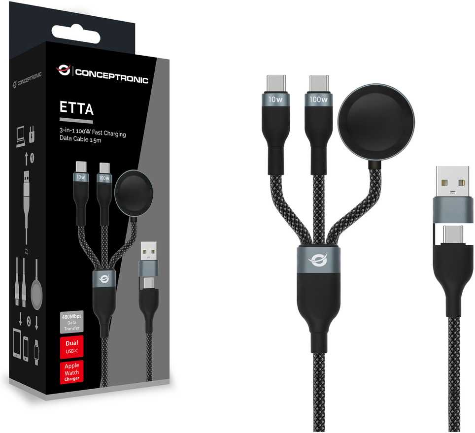 Conceptronic ETTA08B15 kabelis USB USB 2.0 1,5 m USB A 2 x USB C Juodos spalvos