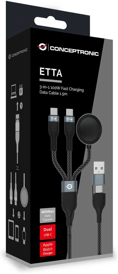 Conceptronic ETTA08B15 kabelis USB USB 2.0 1,5 m USB A 2 x USB C Juodos spalvos