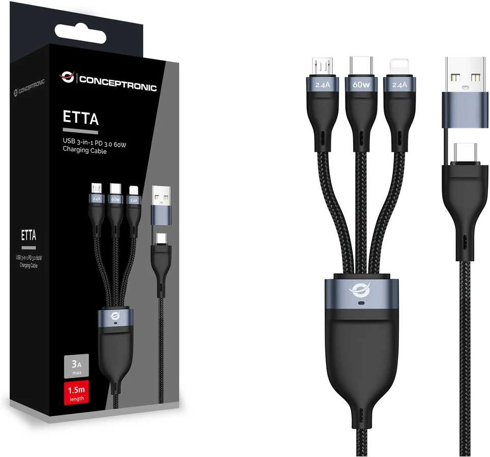 USB kabelis Conceptronic USB-C USB-A - USB-C + microUSB + Lightning 1.5 m Juodas (ETTA05B15)