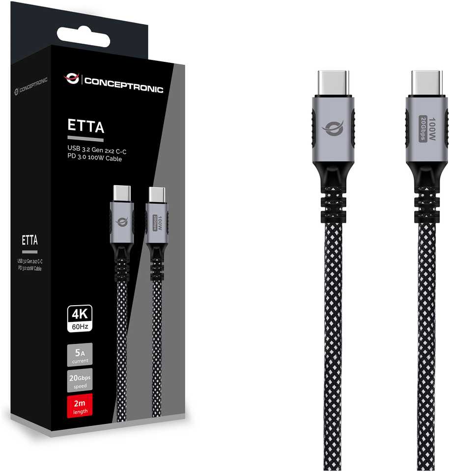 Kabelis USB Conceptronic USB-C - USB-C 2 m Juodas (ETTA07B20)