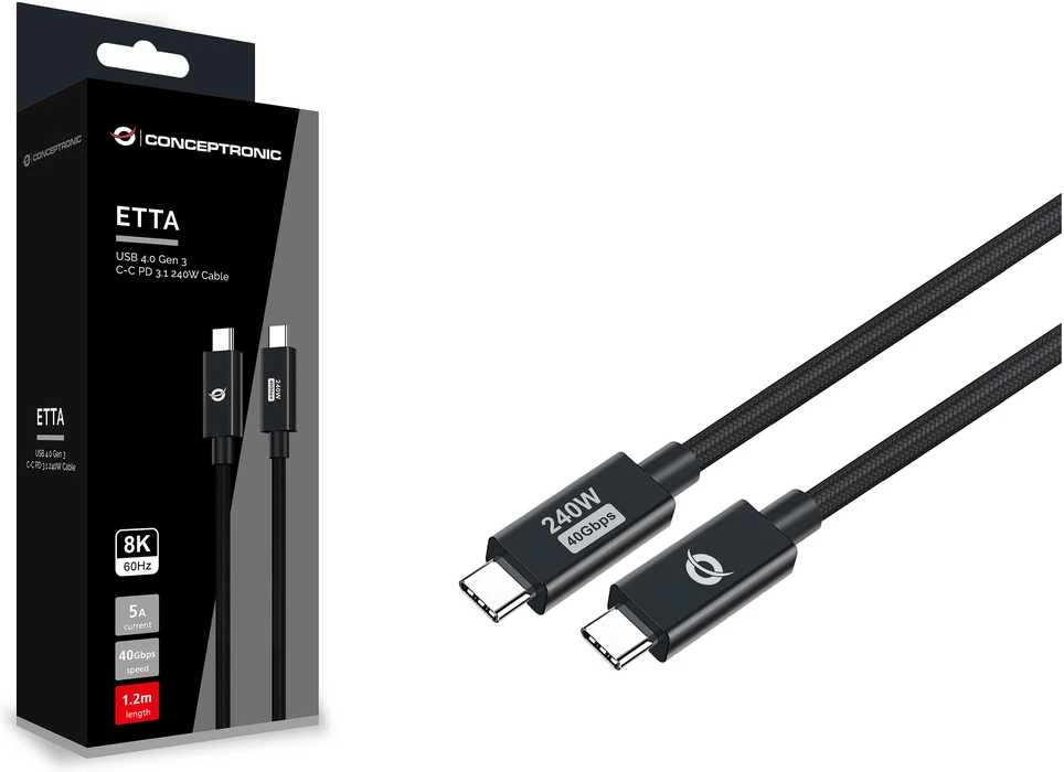 Kabelis USB Conceptronic USB-C - USB-C 1.2 m Juodas (ETTA04B12)