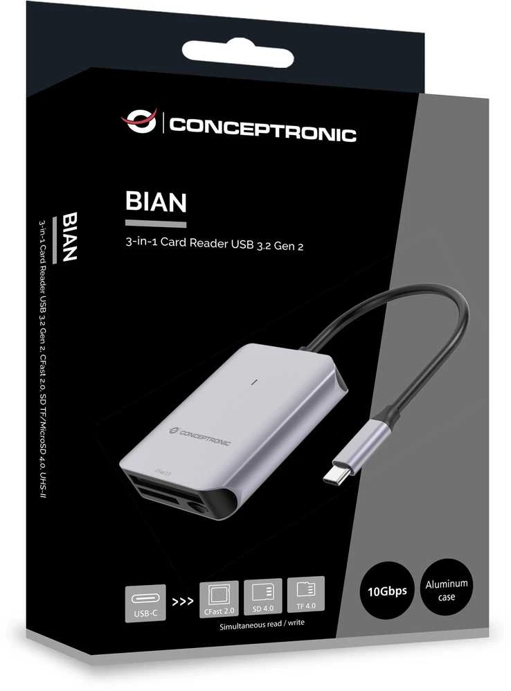 Carruzzo Conceptronic BIAN09G kortelių skaitytuvas USB 3.2 Gen 2 Type-C Pilka