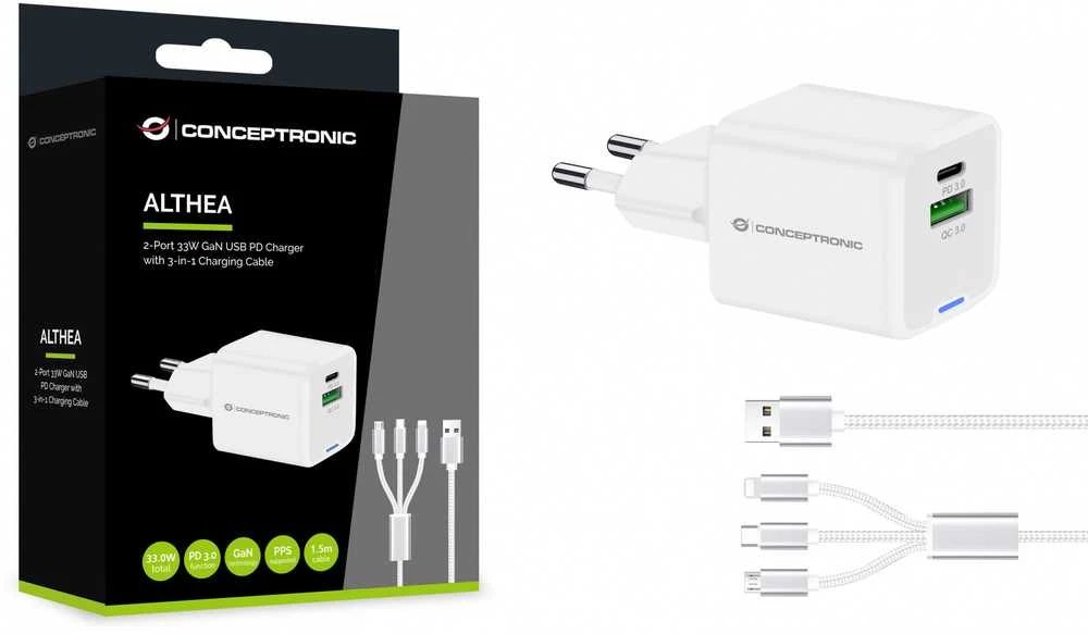 Įkroviklis Conceptronic ALTHEA16W GaN USB PD Szybka Universali 33W Balta