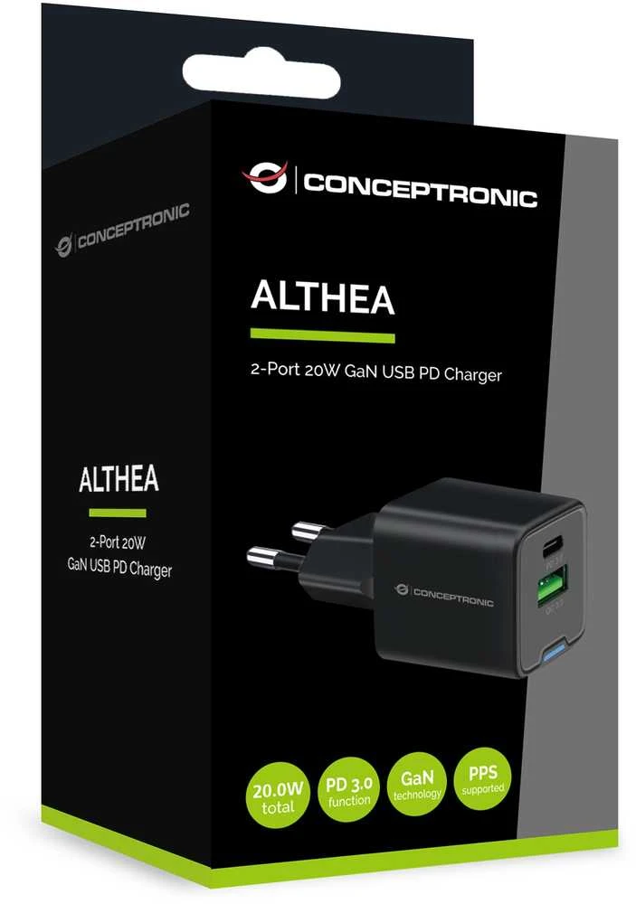Įkroviklis Conceptronic ALTHEA15B GaN USB PD 1 USB-A 1 USB-C 20W Juodas