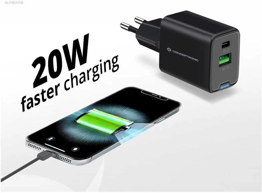 Įkroviklis Conceptronic ALTHEA15B GaN USB PD 1 USB-A 1 USB-C 20W Juodas