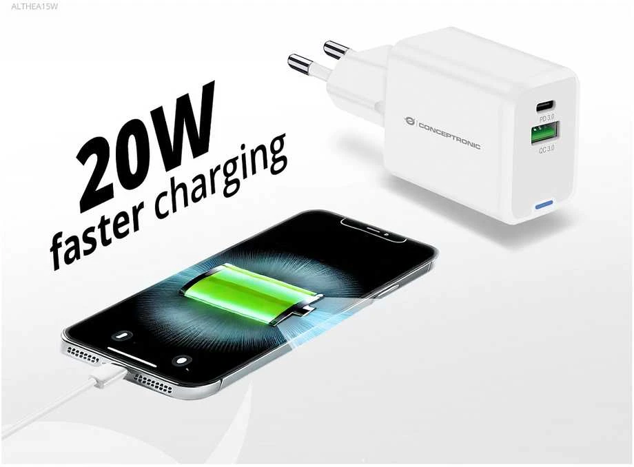 Įkroviklis Conceptronic kroviklis ALTHEA15W GaN USB PD 1x USB-A 1x USB-C 20W Baltas