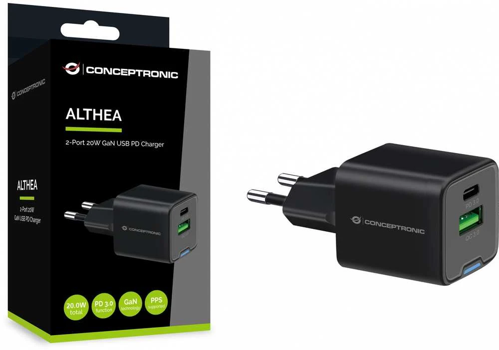 Įkroviklis Conceptronic ALTHEA15B GaN USB PD 1 USB-A 1 USB-C 20W Juodas