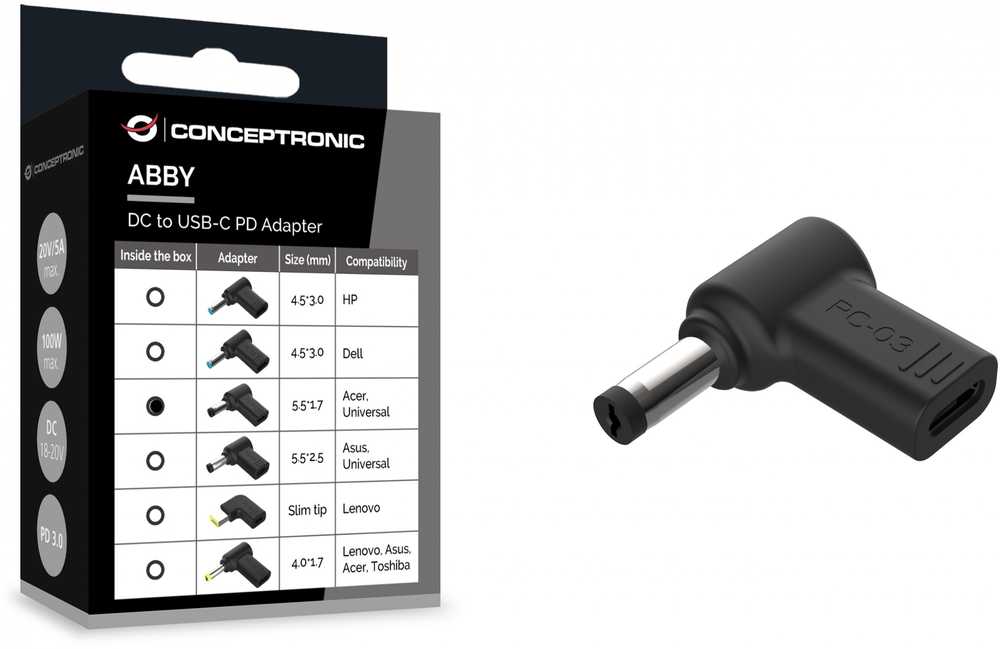 Adapteris USB Conceptronic USB-C - DC-in Juodas (ABBY15PC03)