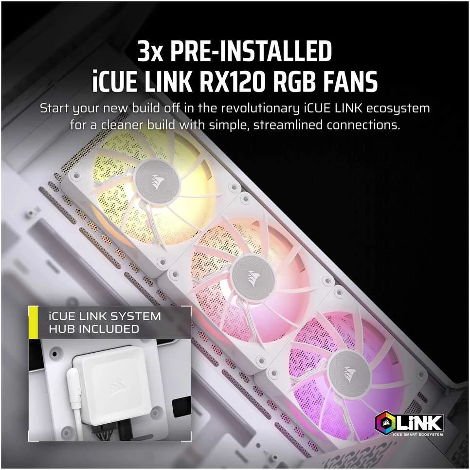 CORSAIR iCUE LINK 3500X RGB grūdinto stiklo vidutinio bokšto kompiuterio dėklas Baltas