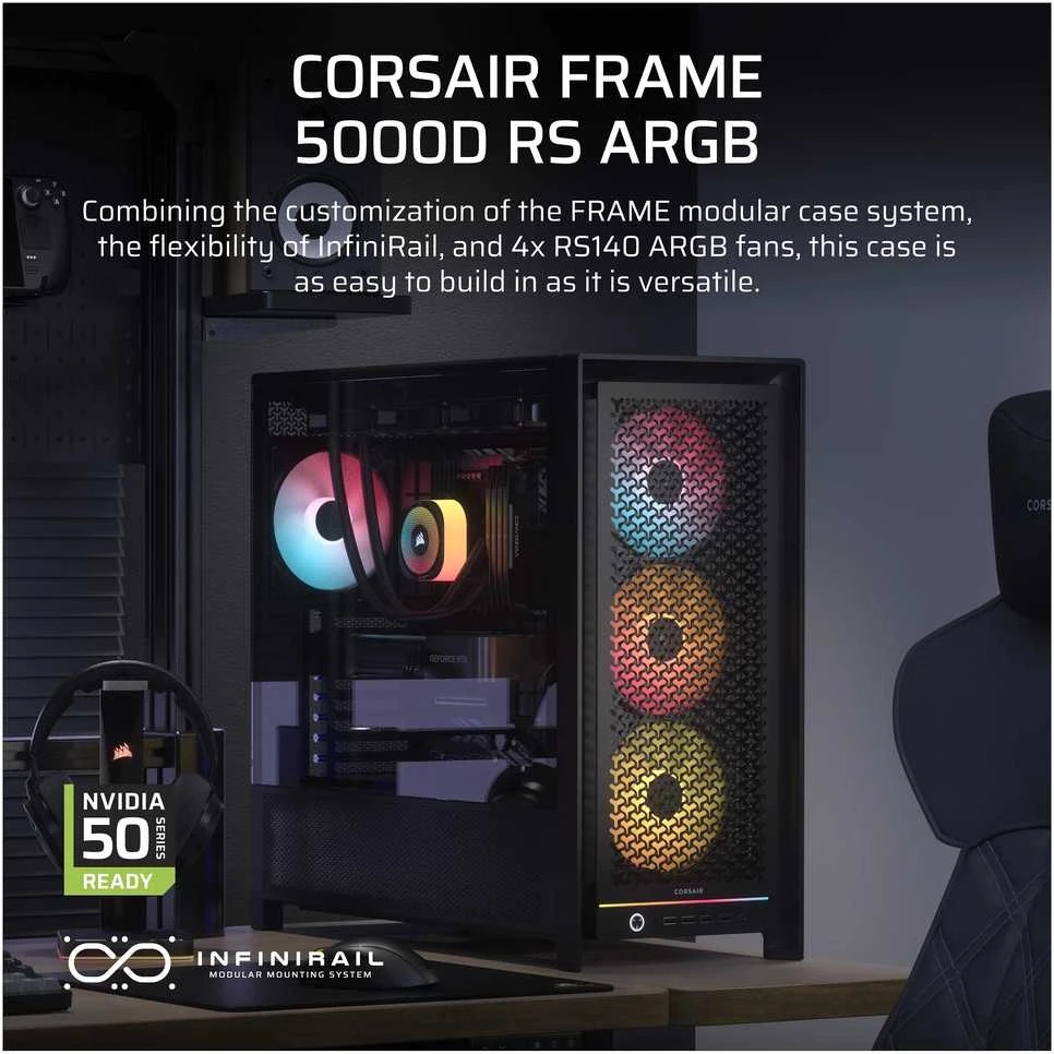 „Corsair Frame 5000D RS ARGB“ korpusas, vidutinio dydžio bokštas, E-ATX, RGB, grūdintas stiklas – Juodas