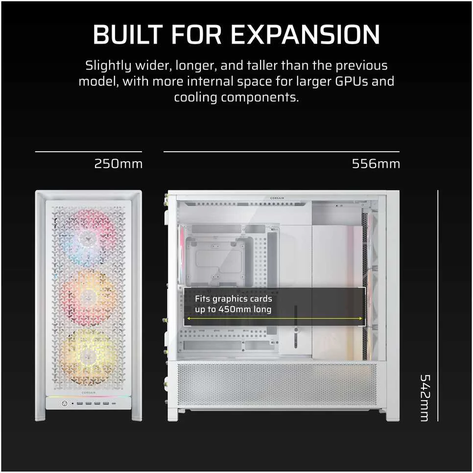 Corsair Frame 5000D RS ARGB PC-kompiuterio korpusas, Midi-Tower, E-ATX, Tempered Glass – baltos spalvos