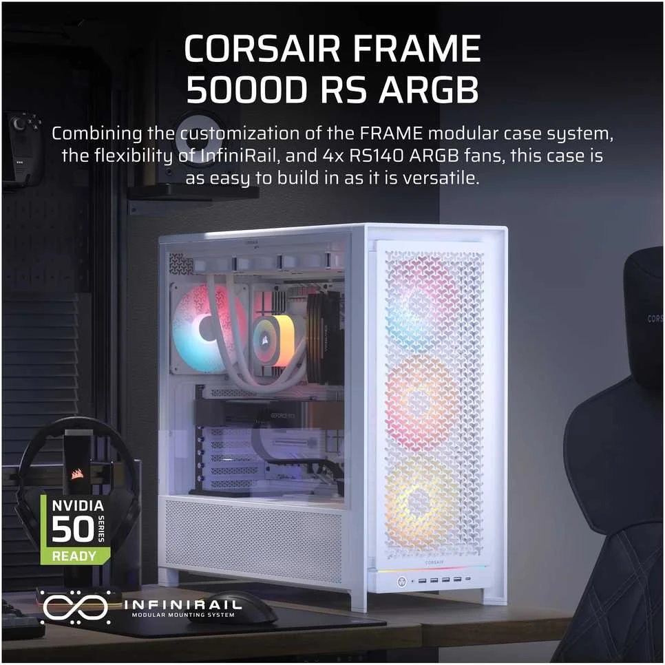 Corsair Frame 5000D RS ARGB PC-kompiuterio korpusas, Midi-Tower, E-ATX, Tempered Glass – baltos spalvos