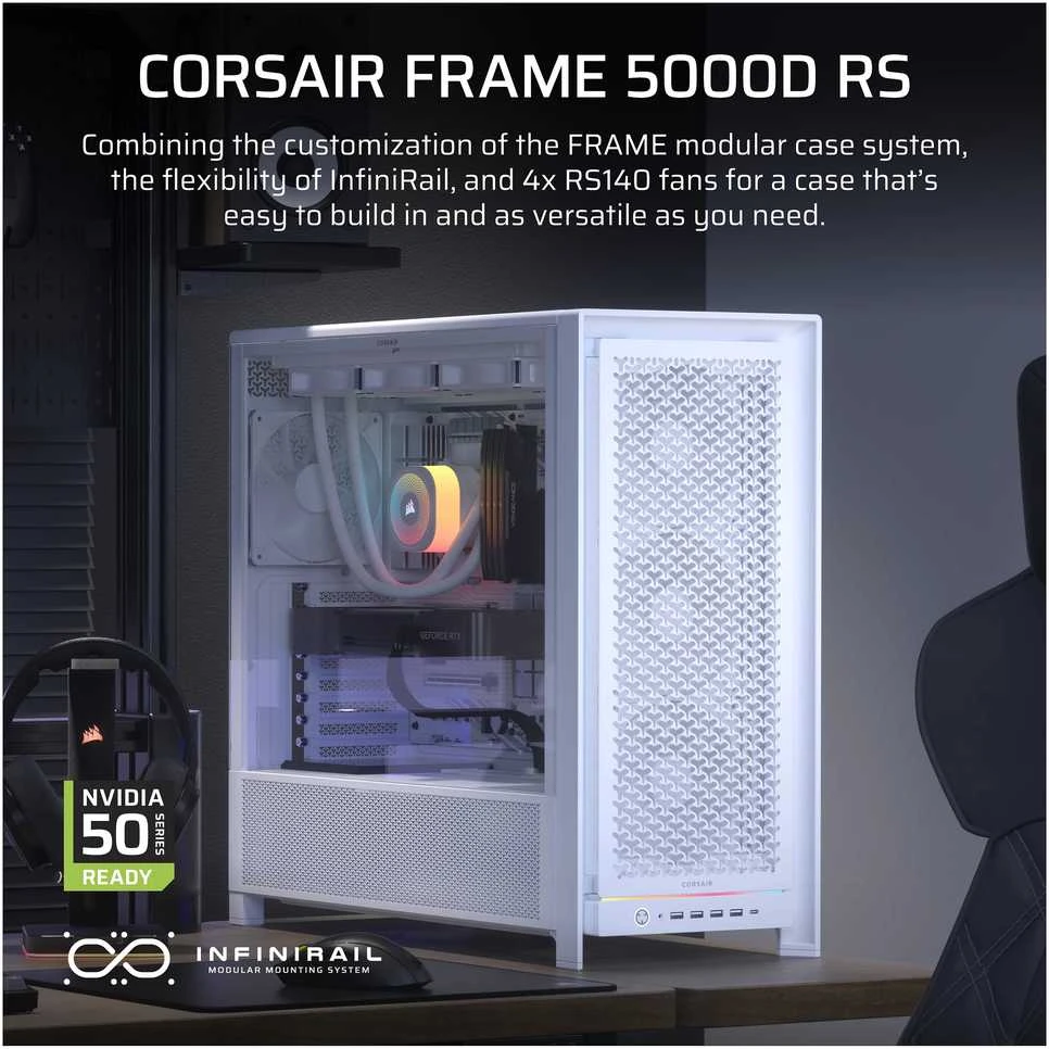 Corsair Frame 5000D PC-kompiuterio korpusas, Midi-Tower, E-ATX, Tempered Glass – baltos spalvos