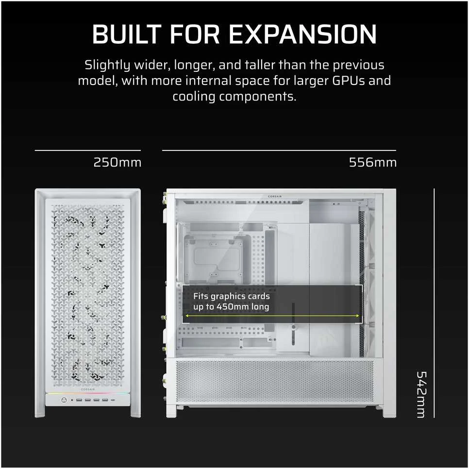 Corsair Frame 5000D PC-kompiuterio korpusas, Midi-Tower, E-ATX, Tempered Glass – baltos spalvos