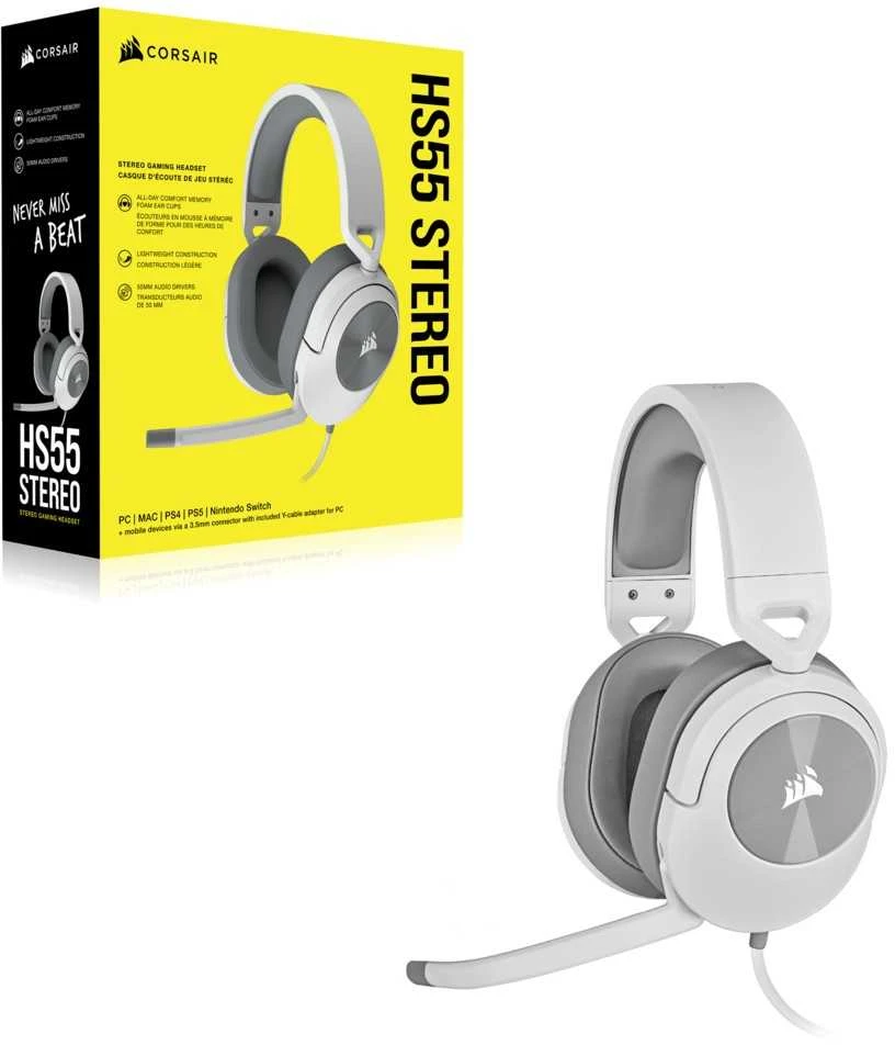 Corsair HS55  Stereo Ausinės Žaidimams mikrofonu, Baltos, su laidu, Noice canceling