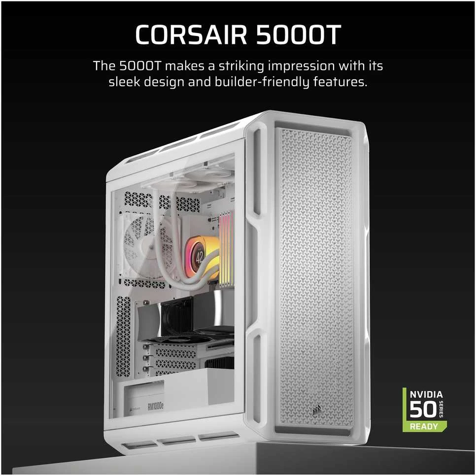 „Corsair 5000T“ kompiuterio korpusas, „Mid Tower“, ATX, grūdintas stiklas - baltas