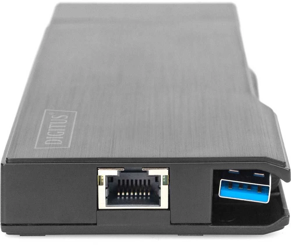 Assmann elektroninė DIGITUS universali prijungimo stotis USB 3.0 7 prievadų kelionės 2x video 2x USB 3.0 RJ45 2x kortelių skaitytuvas