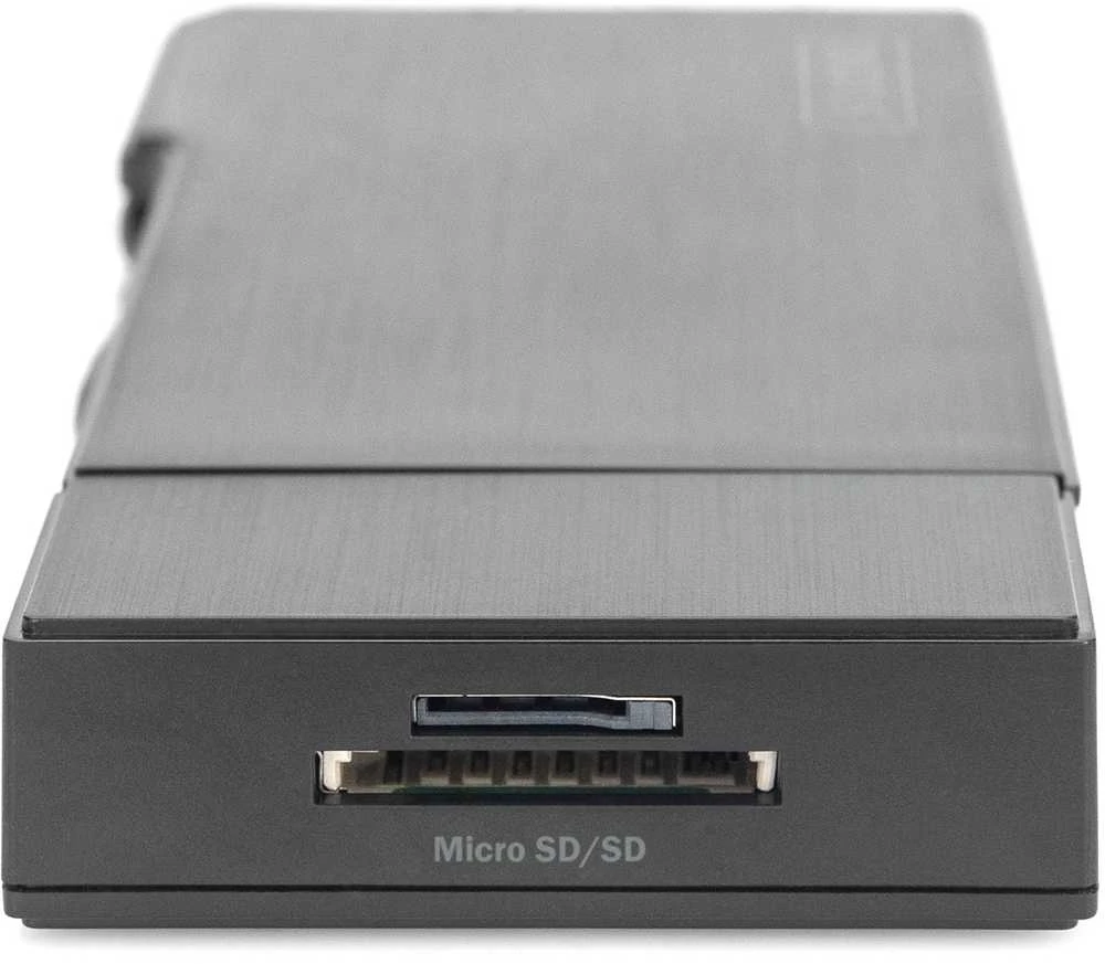 Assmann elektroninė DIGITUS universali prijungimo stotis USB 3.0 7 prievadų kelionės 2x video 2x USB 3.0 RJ45 2x kortelių skaitytuvas
