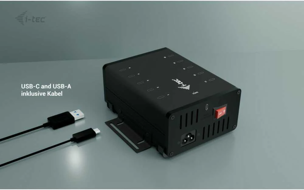 I-TEC USB-C/USB-A metalinis įkrovimas + duomenų stebulė 15 W vienam prievadui 10x USB-C integruotas maitinimo adapteris 180 W