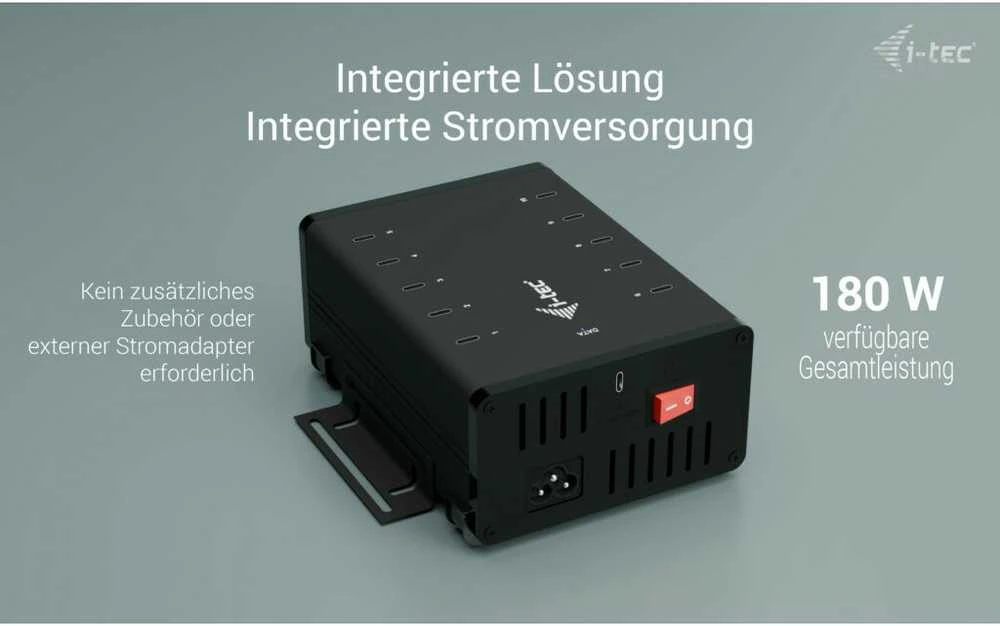I-TEC USB-C/USB-A metalinis įkrovimas + duomenų stebulė 15 W vienam prievadui 10x USB-C integruotas maitinimo adapteris 180 W